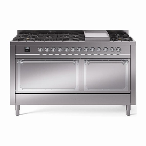 Ilve UN60FQNMPSSC Ilve Un60Fqnmpssc Nostalgie Ii Noblesse 60" Dual Fuel Range (9 Sealed Burners   Griddle, Natural Gas, Solid Door, Stainless Steel, Chrome)