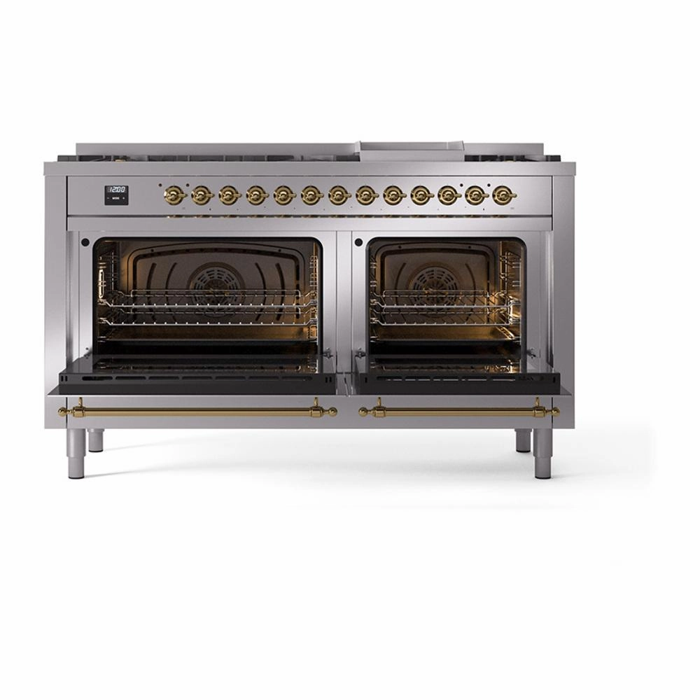 Ilve UN60FQNMPSSG Ilve Un60Fqnmpssg Nostalgie Ii Noblesse 60" Dual Fuel Range (9 Sealed Burners   Griddle, Natural Gas, Solid Door, Stainless Steel, Brass)