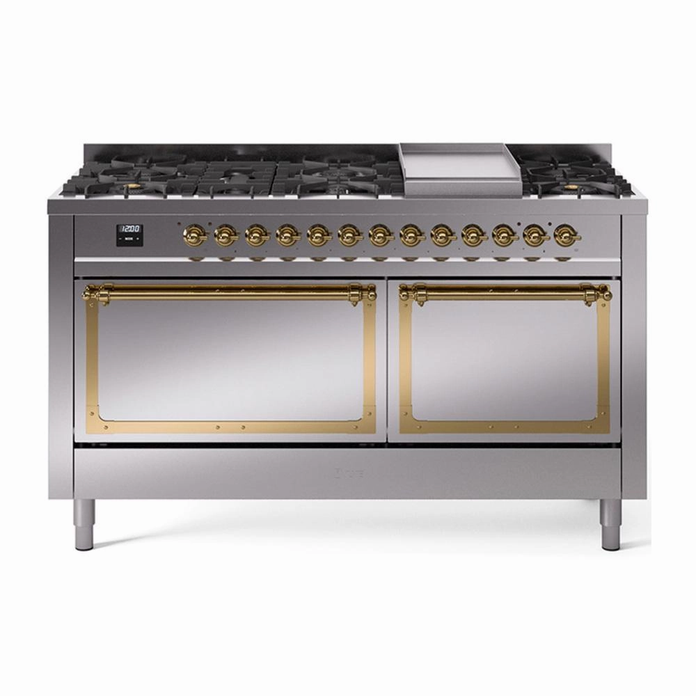 Ilve UN60FQNMPSSG Ilve Un60Fqnmpssg Nostalgie Ii Noblesse 60" Dual Fuel Range (9 Sealed Burners   Griddle, Natural Gas, Solid Door, Stainless Steel, Brass)