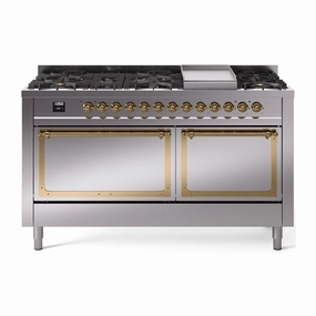 Ilve UN60FQNMPSSG Ilve Un60Fqnmpssg Nostalgie Ii Noblesse 60" Dual Fuel Range (9 Sealed Burners   Griddle, Natural Gas, Solid Door, Stainless Steel, Brass)