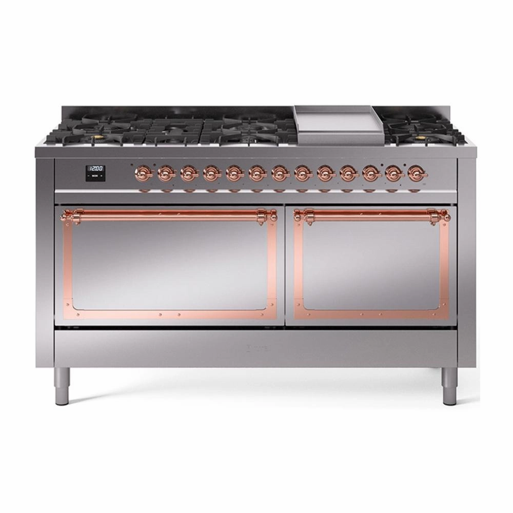 Ilve UN60FQNMPSSPLP Ilve Un60Fqnmpssplp Nostalgie Ii Noblesse 60" Dual Fuel Range (9 Sealed Burners   Griddle, Liquid Propane, Solid Door, Stainless Steel, Copper)