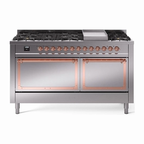Ilve UN60FQNMPSSPLP Ilve Un60Fqnmpssplp Nostalgie Ii Noblesse 60" Dual Fuel Range (9 Sealed Burners   Griddle, Liquid Propane, Solid Door, Stainless Steel, Copper)