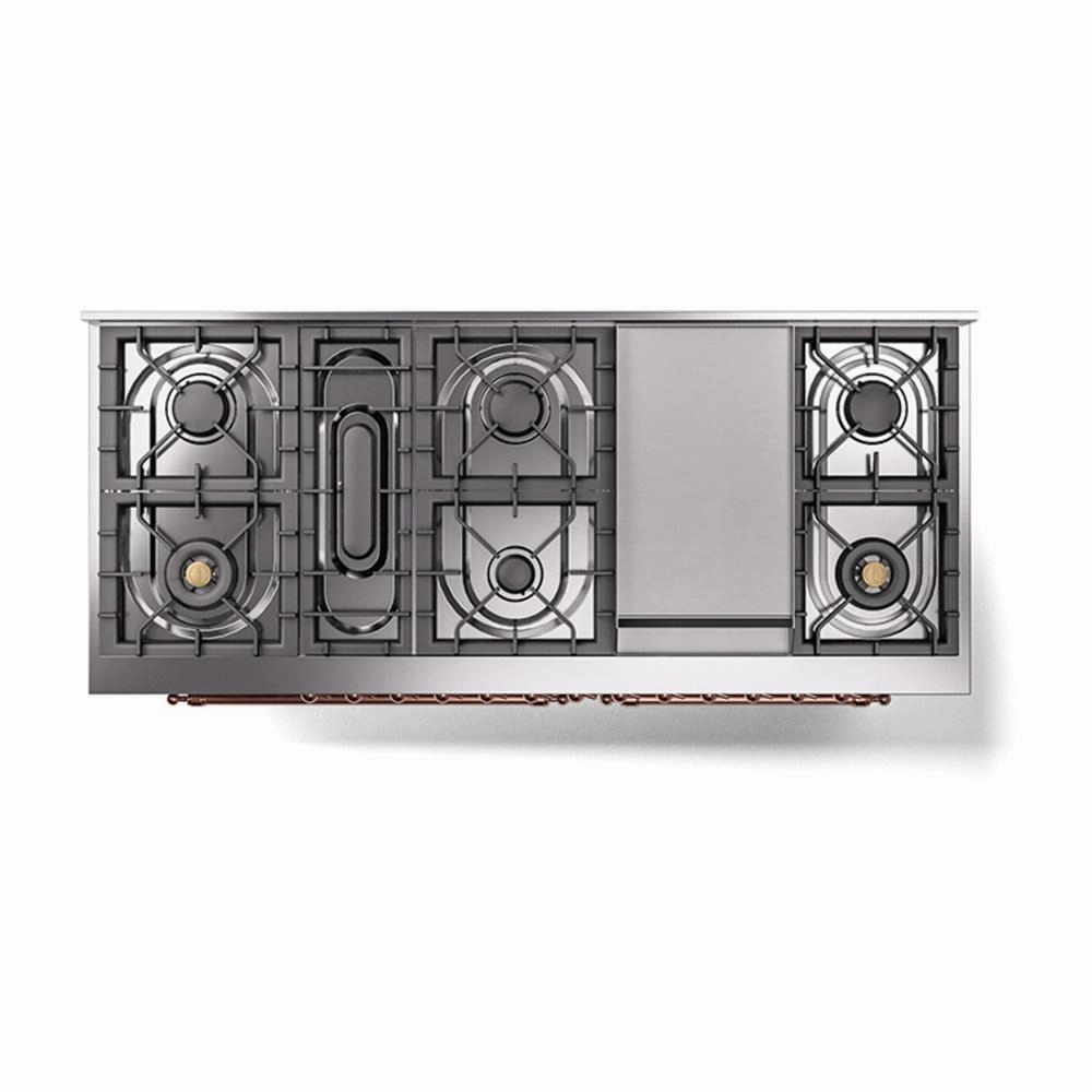 Ilve UN60FQNMPSSPLP Ilve Un60Fqnmpssplp Nostalgie Ii Noblesse 60" Dual Fuel Range (9 Sealed Burners   Griddle, Liquid Propane, Solid Door, Stainless Steel, Copper)