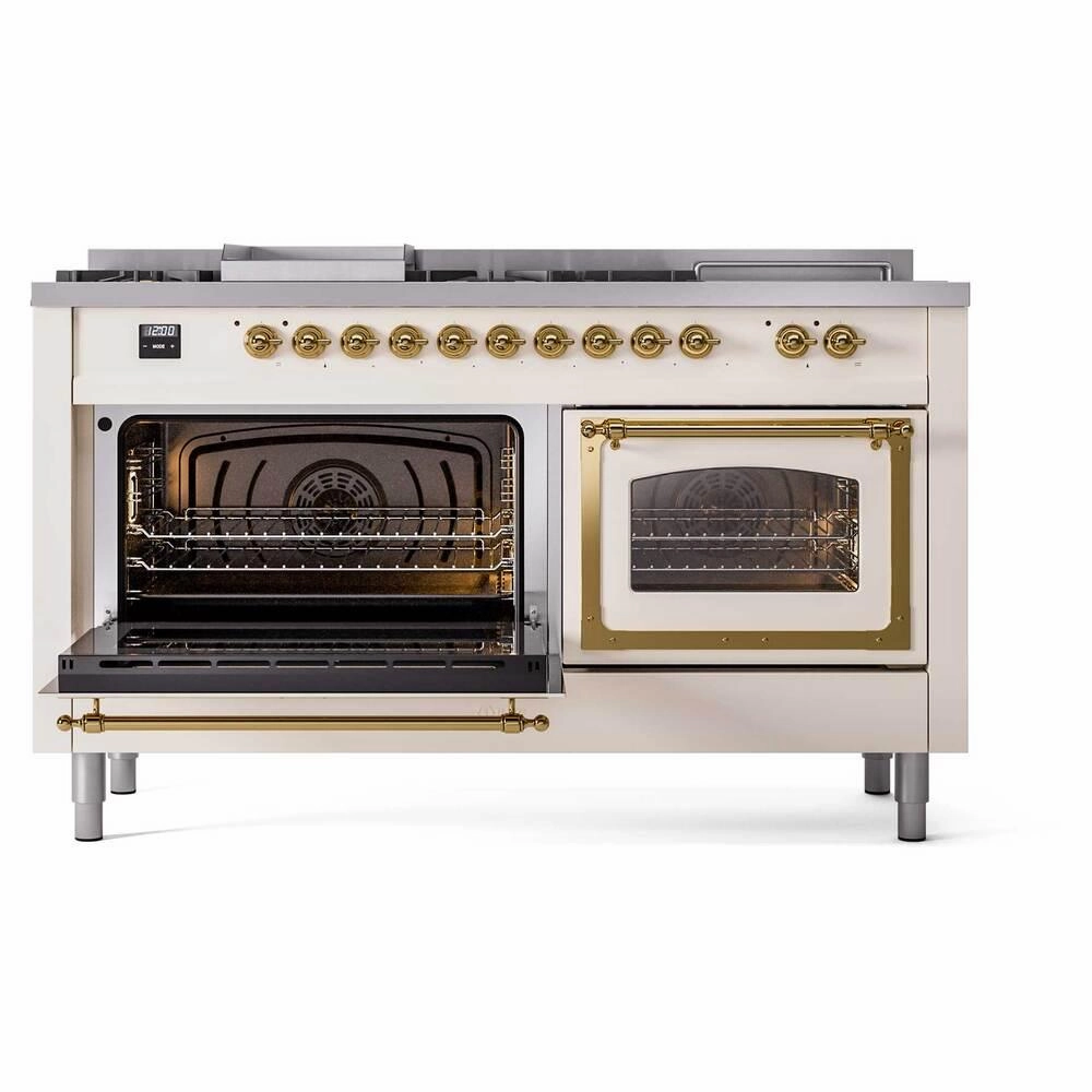 Ilve UN60FSNMPAWGLP Ilve Un60Fsnmpawglp Nostalgie Ii Noblesse 60" Dual Fuel Range (7 Sealed Burners   Griddle   French Top, Liquid Propane, Triple Glass Door, Antique White, Brass)