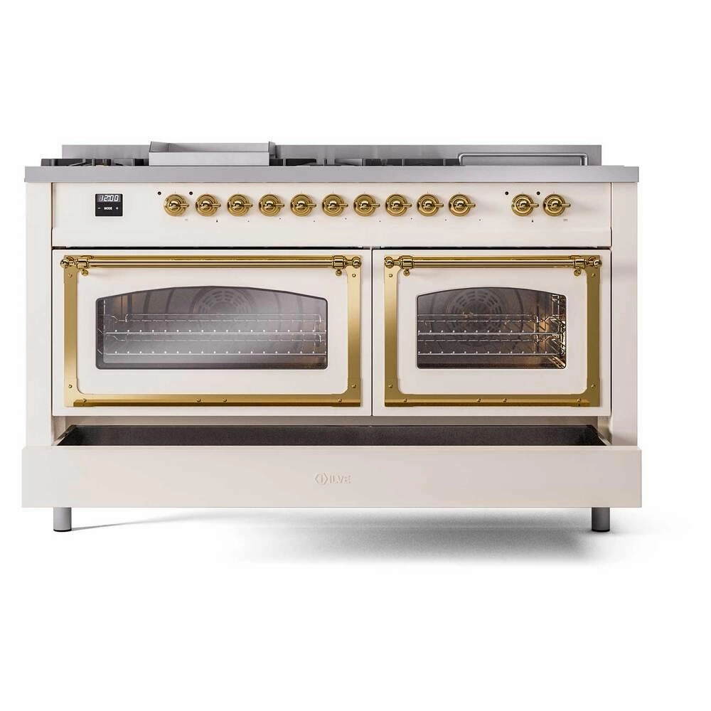 Ilve UN60FSNMPAWGLP Ilve Un60Fsnmpawglp Nostalgie Ii Noblesse 60" Dual Fuel Range (7 Sealed Burners   Griddle   French Top, Liquid Propane, Triple Glass Door, Antique White, Brass)
