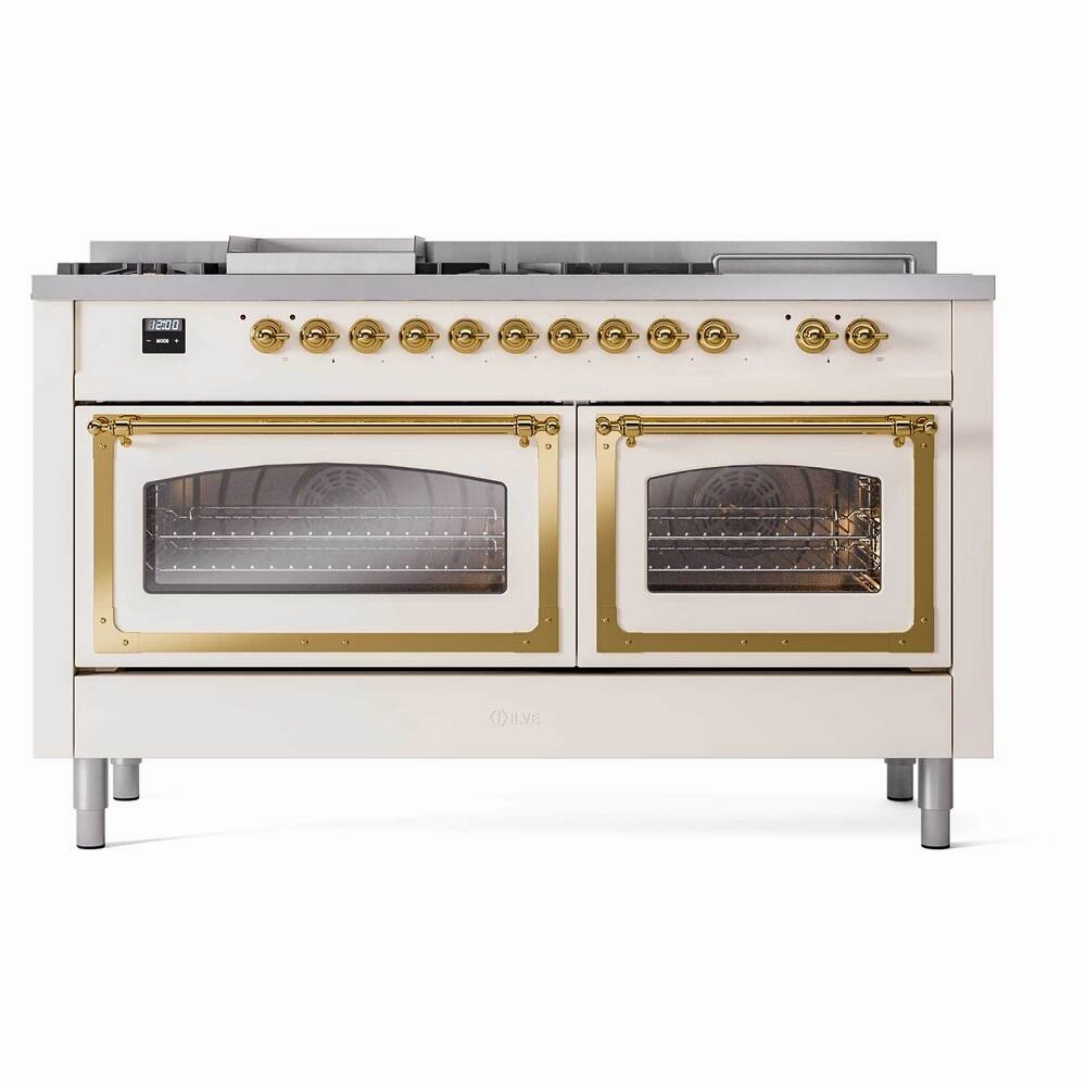 Ilve UN60FSNMPAWGLP Ilve Un60Fsnmpawglp Nostalgie Ii Noblesse 60" Dual Fuel Range (7 Sealed Burners   Griddle   French Top, Liquid Propane, Triple Glass Door, Antique White, Brass)