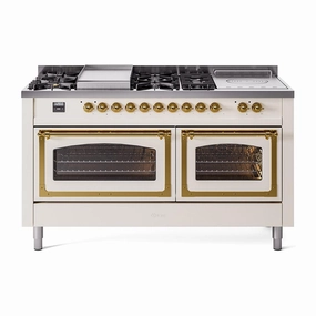 Ilve UN60FSNMPAWGLP Ilve Un60Fsnmpawglp Nostalgie Ii Noblesse 60" Dual Fuel Range (7 Sealed Burners   Griddle   French Top, Liquid Propane, Triple Glass Door, Antique White, Brass)