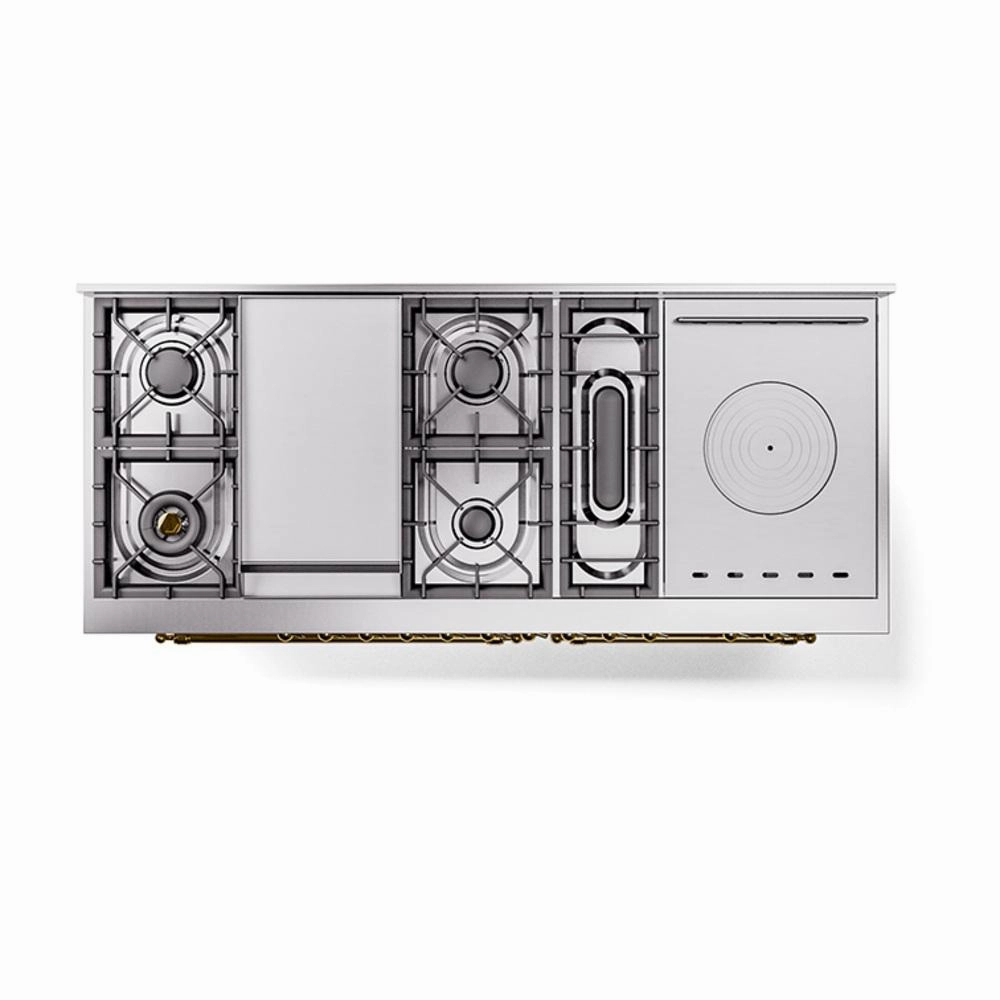 Ilve UN60FSNMPAWGLP Ilve Un60Fsnmpawglp Nostalgie Ii Noblesse 60" Dual Fuel Range (7 Sealed Burners   Griddle   French Top, Liquid Propane, Triple Glass Door, Antique White, Brass)