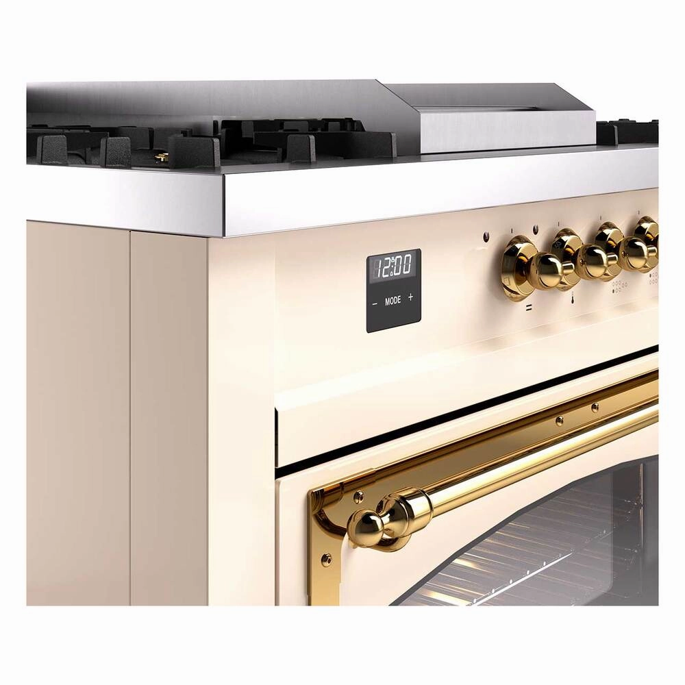 Ilve UN60FSNMPAWGLP Ilve Un60Fsnmpawglp Nostalgie Ii Noblesse 60" Dual Fuel Range (7 Sealed Burners   Griddle   French Top, Liquid Propane, Triple Glass Door, Antique White, Brass)