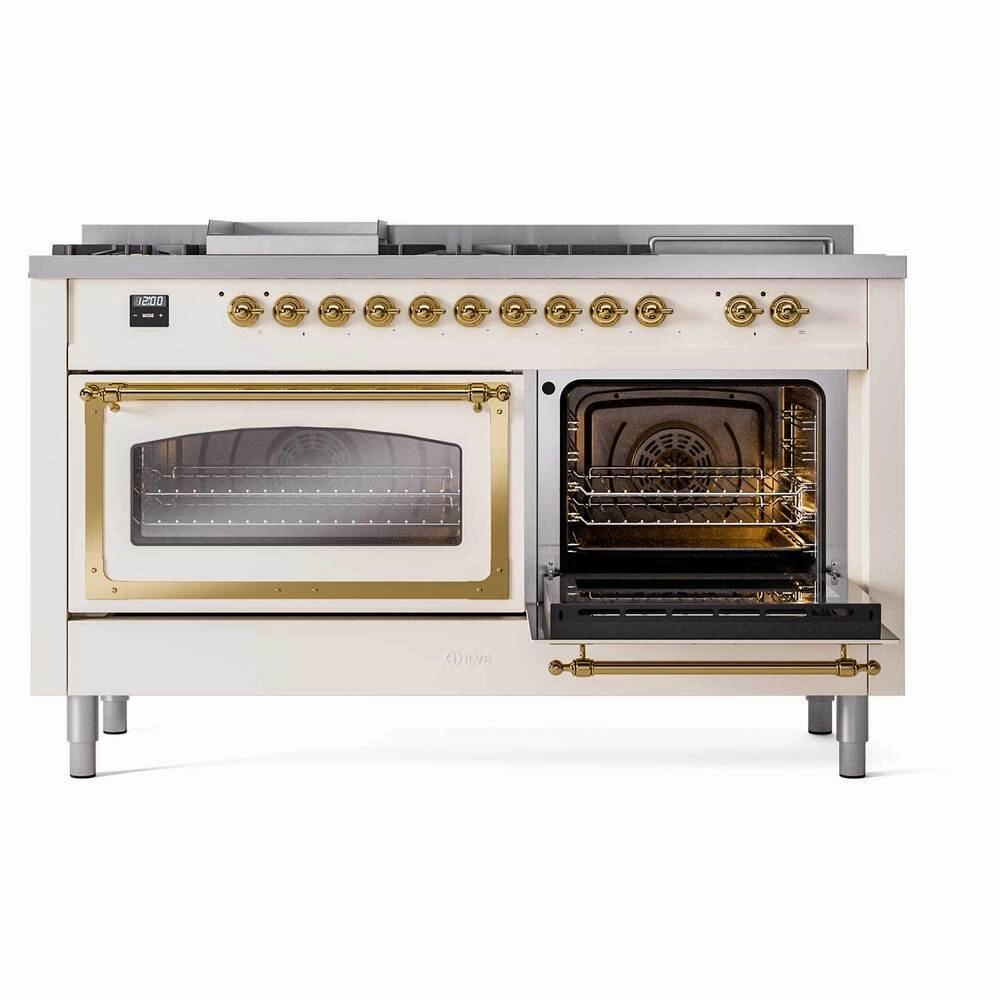 Ilve UN60FSNMPAWGLP Ilve Un60Fsnmpawglp Nostalgie Ii Noblesse 60" Dual Fuel Range (7 Sealed Burners   Griddle   French Top, Liquid Propane, Triple Glass Door, Antique White, Brass)