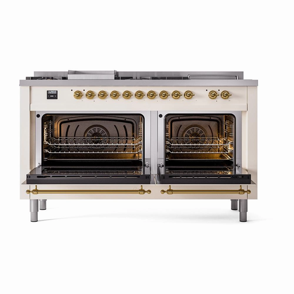 Ilve UN60FSNMPAWGLP Ilve Un60Fsnmpawglp Nostalgie Ii Noblesse 60" Dual Fuel Range (7 Sealed Burners   Griddle   French Top, Liquid Propane, Triple Glass Door, Antique White, Brass)
