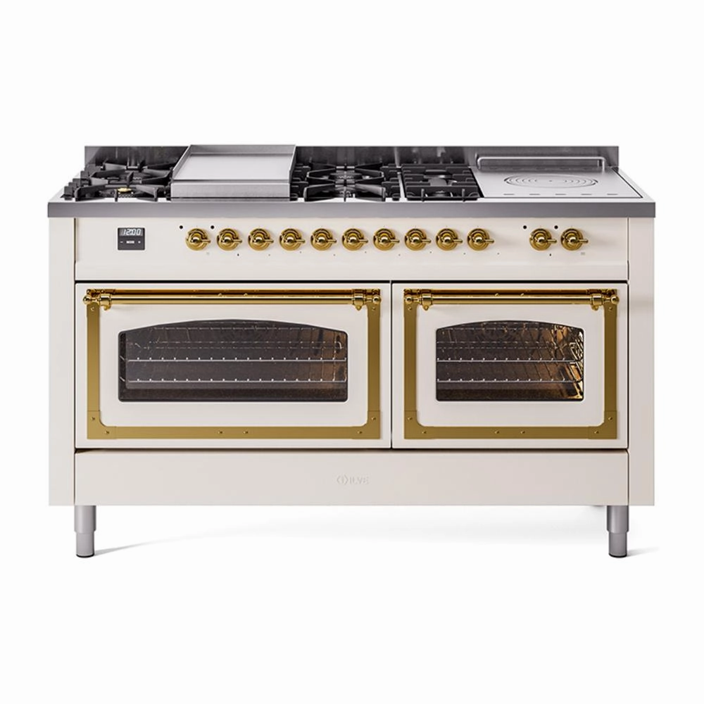 Ilve UN60FSNMPAWGLP Ilve Un60Fsnmpawglp Nostalgie Ii Noblesse 60" Dual Fuel Range (7 Sealed Burners   Griddle   French Top, Liquid Propane, Triple Glass Door, Antique White, Brass)