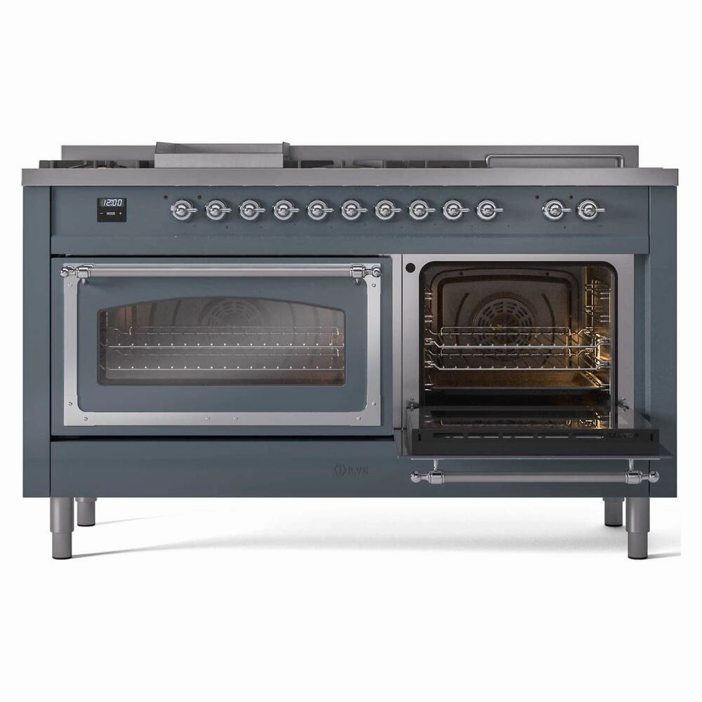 Ilve UN60FSNMPBGCLP Ilve Un60Fsnmpbgclp Nostalgie Ii Noblesse 60" Dual Fuel Range (7 Sealed Burners   Griddle   French Top, Liquid Propane, Triple Glass Door, Blue Grey, Chrome)