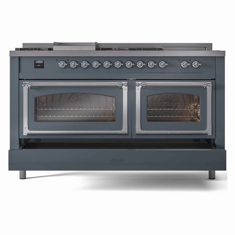 Ilve UN60FSNMPBGCLP Ilve Un60Fsnmpbgclp Nostalgie Ii Noblesse 60" Dual Fuel Range (7 Sealed Burners   Griddle   French Top, Liquid Propane, Triple Glass Door, Blue Grey, Chrome)