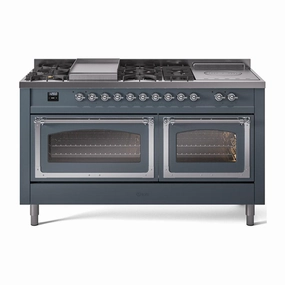 Ilve UN60FSNMPBGCLP Ilve Un60Fsnmpbgclp Nostalgie Ii Noblesse 60" Dual Fuel Range (7 Sealed Burners   Griddle   French Top, Liquid Propane, Triple Glass Door, Blue Grey, Chrome)