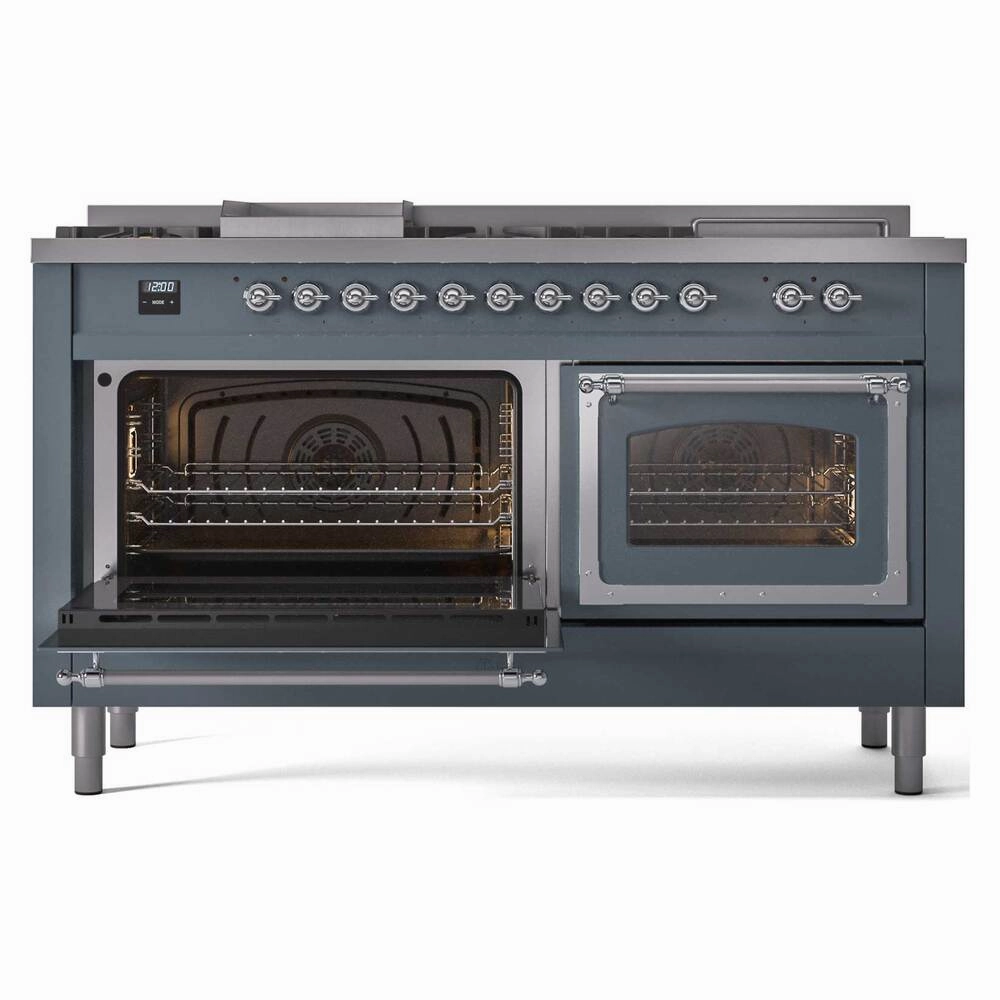 Ilve UN60FSNMPBGCLP Ilve Un60Fsnmpbgclp Nostalgie Ii Noblesse 60" Dual Fuel Range (7 Sealed Burners   Griddle   French Top, Liquid Propane, Triple Glass Door, Blue Grey, Chrome)