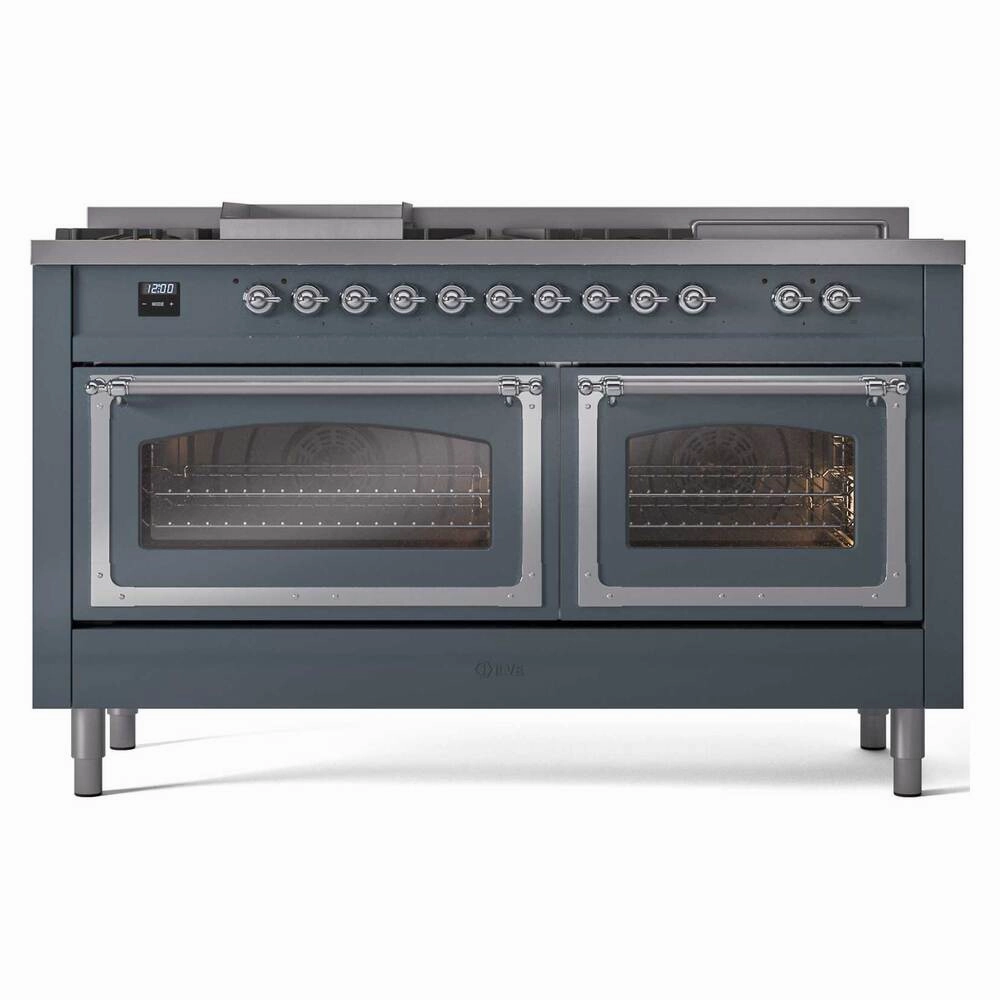 Ilve UN60FSNMPBGCLP Ilve Un60Fsnmpbgclp Nostalgie Ii Noblesse 60" Dual Fuel Range (7 Sealed Burners   Griddle   French Top, Liquid Propane, Triple Glass Door, Blue Grey, Chrome)