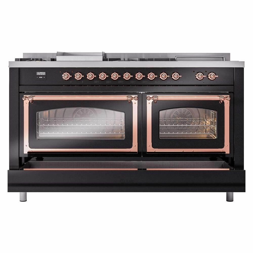 Ilve UN60FSNMPBKPLP Ilve Un60Fsnmpbkplp Nostalgie Ii Noblesse 60" Dual Fuel Range (7 Sealed Burners   Griddle   French Top, Liquid Propane, Triple Glass Door, Glossy Black, Copper)
