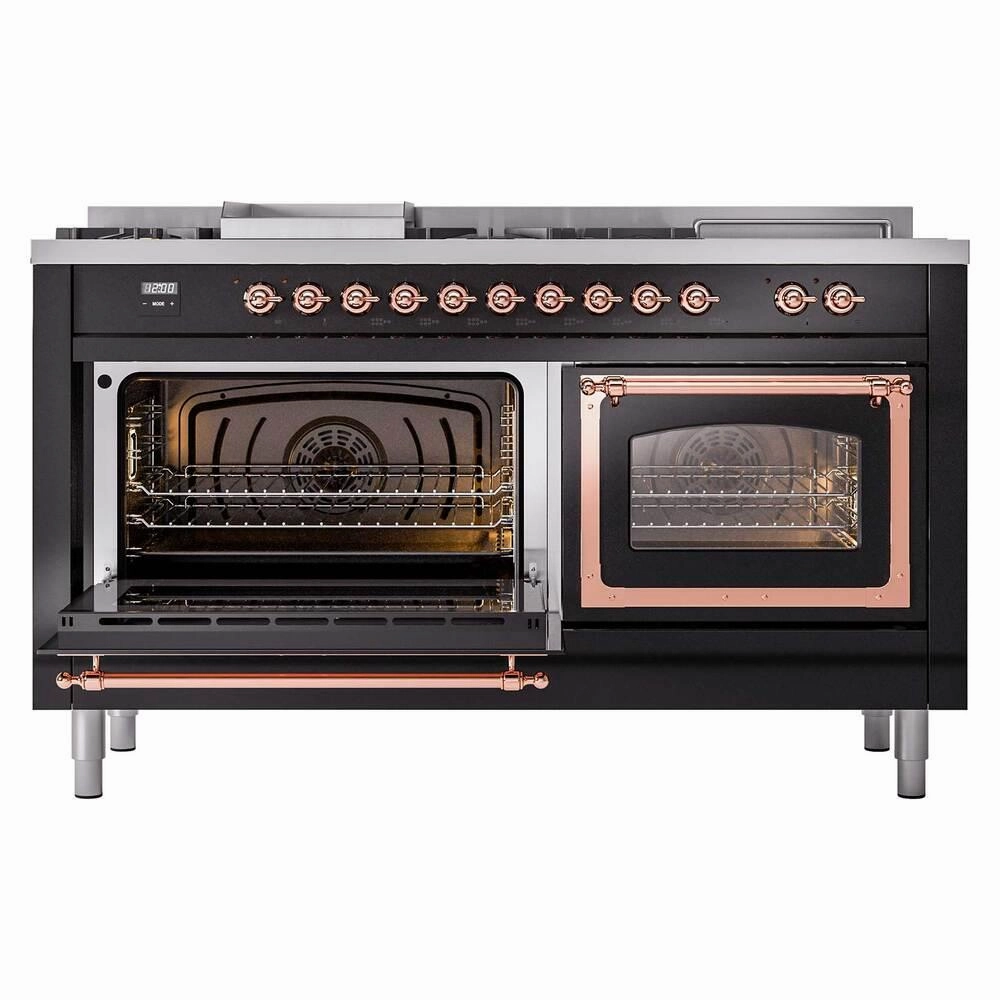 Ilve UN60FSNMPBKPLP Ilve Un60Fsnmpbkplp Nostalgie Ii Noblesse 60" Dual Fuel Range (7 Sealed Burners   Griddle   French Top, Liquid Propane, Triple Glass Door, Glossy Black, Copper)
