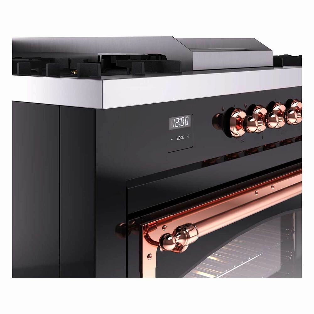 Ilve UN60FSNMPBKPLP Ilve Un60Fsnmpbkplp Nostalgie Ii Noblesse 60" Dual Fuel Range (7 Sealed Burners   Griddle   French Top, Liquid Propane, Triple Glass Door, Glossy Black, Copper)