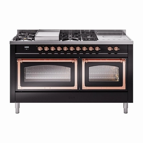 Ilve UN60FSNMPBKPLP Ilve Un60Fsnmpbkplp Nostalgie Ii Noblesse 60" Dual Fuel Range (7 Sealed Burners   Griddle   French Top, Liquid Propane, Triple Glass Door, Glossy Black, Copper)