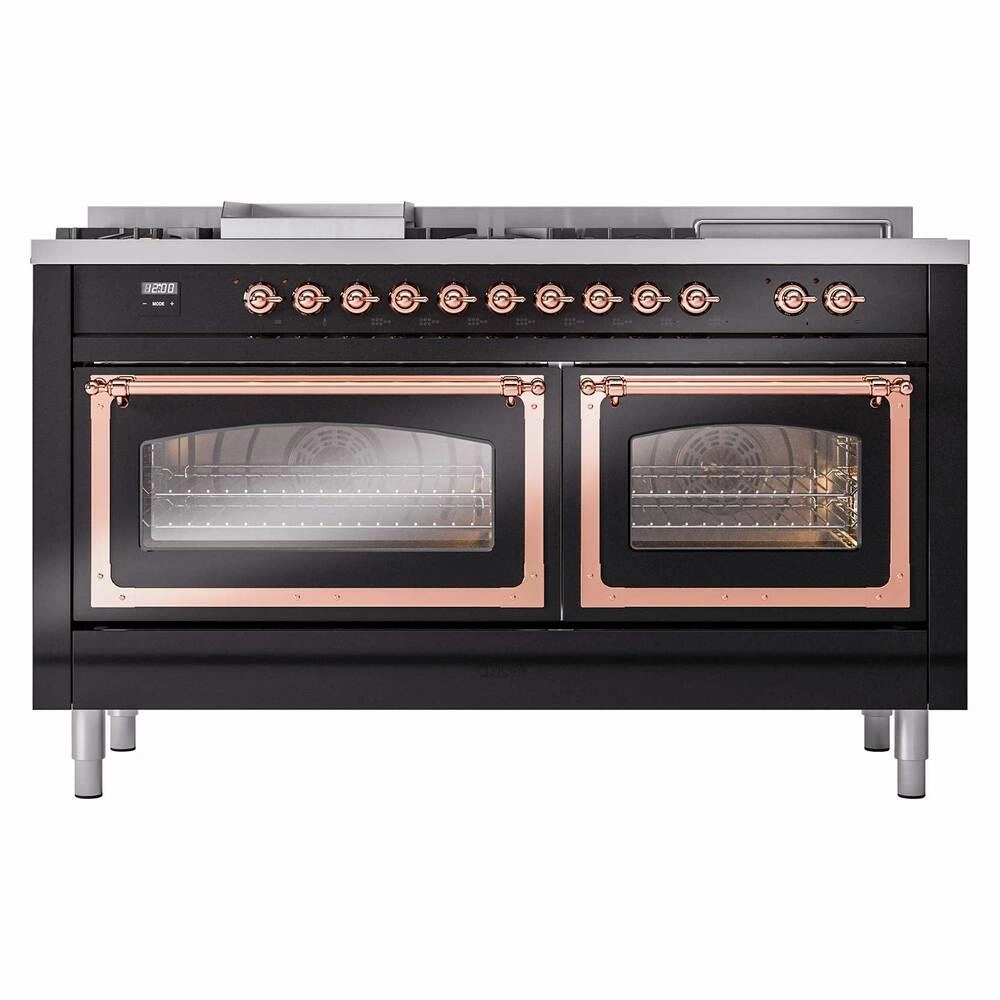 Ilve UN60FSNMPBKPLP Ilve Un60Fsnmpbkplp Nostalgie Ii Noblesse 60" Dual Fuel Range (7 Sealed Burners   Griddle   French Top, Liquid Propane, Triple Glass Door, Glossy Black, Copper)