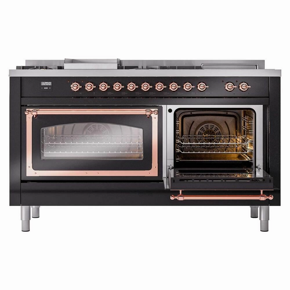 Ilve UN60FSNMPBKPLP Ilve Un60Fsnmpbkplp Nostalgie Ii Noblesse 60" Dual Fuel Range (7 Sealed Burners   Griddle   French Top, Liquid Propane, Triple Glass Door, Glossy Black, Copper)