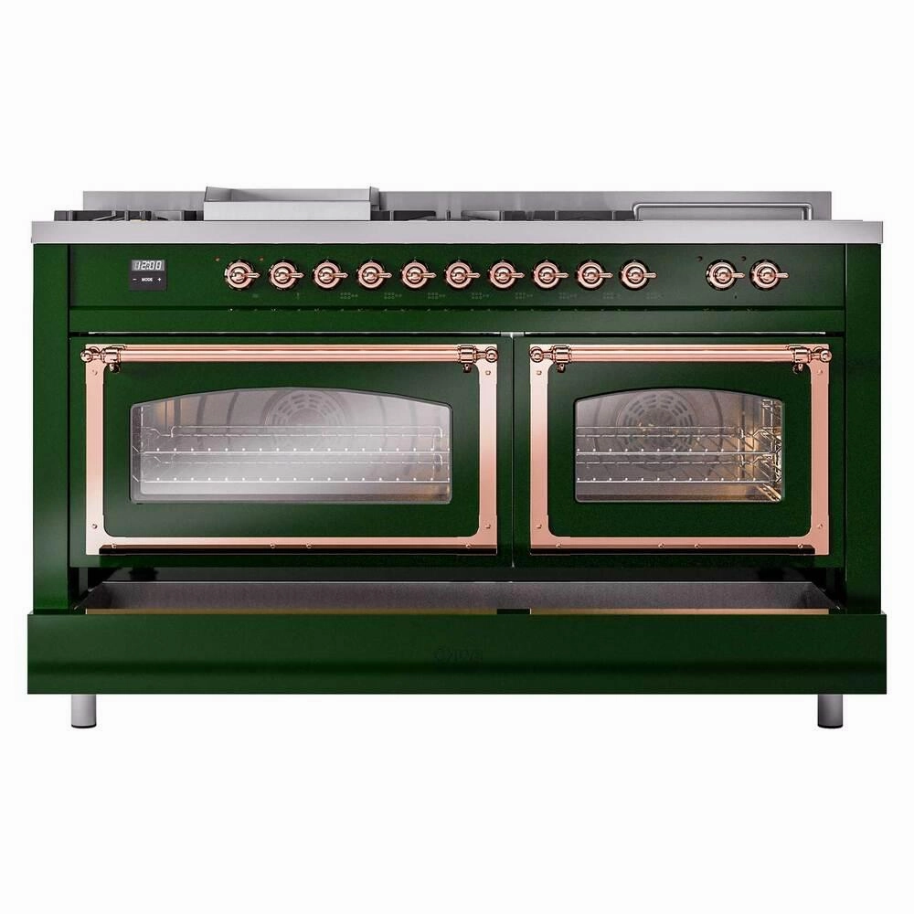 Ilve UN60FSNMPEGPLP Ilve Un60Fsnmpegplp Nostalgie Ii Noblesse 60" Dual Fuel Range (7 Sealed Burners   Griddle   French Top, Liquid Propane, Triple Glass Door, Emerald Green, Copper)