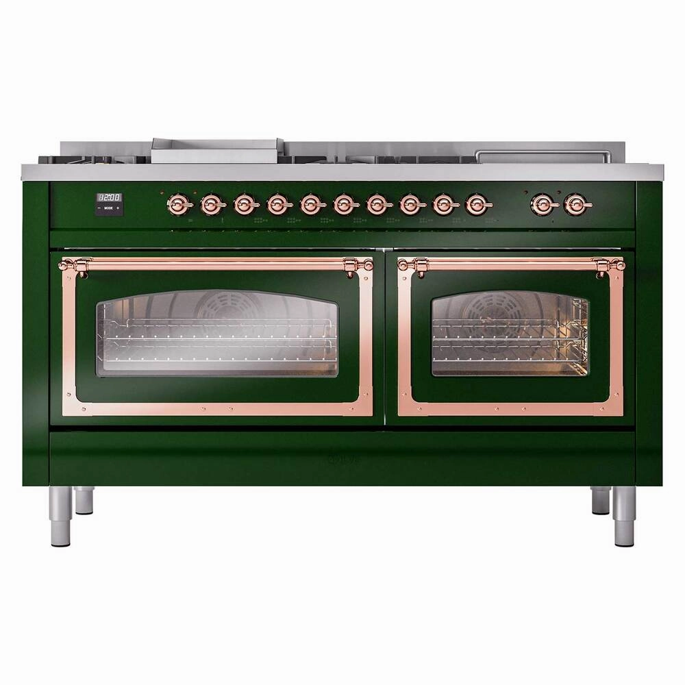 Ilve UN60FSNMPEGPLP Ilve Un60Fsnmpegplp Nostalgie Ii Noblesse 60" Dual Fuel Range (7 Sealed Burners   Griddle   French Top, Liquid Propane, Triple Glass Door, Emerald Green, Copper)