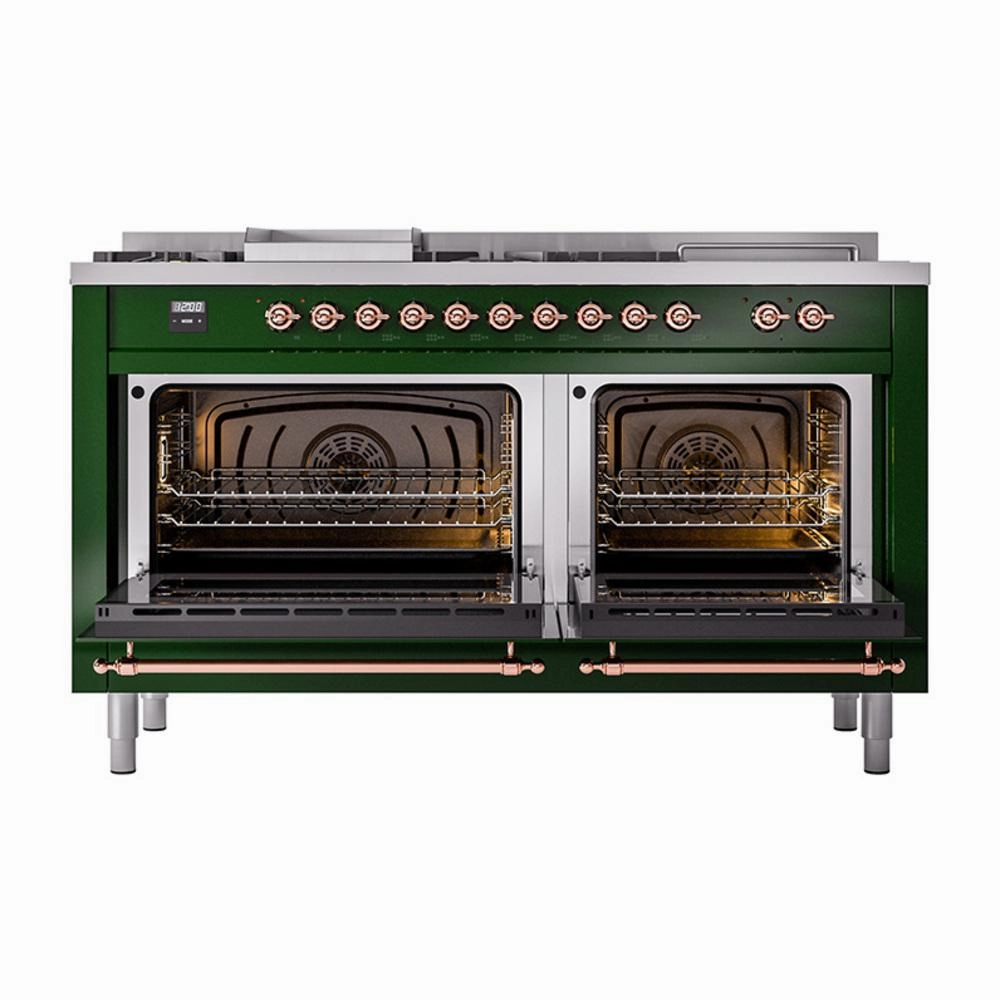 Ilve UN60FSNMPEGPLP Ilve Un60Fsnmpegplp Nostalgie Ii Noblesse 60" Dual Fuel Range (7 Sealed Burners   Griddle   French Top, Liquid Propane, Triple Glass Door, Emerald Green, Copper)