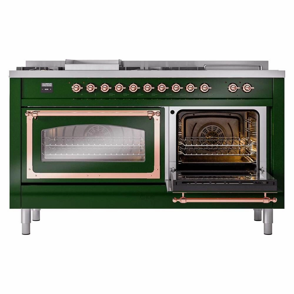 Ilve UN60FSNMPEGPLP Ilve Un60Fsnmpegplp Nostalgie Ii Noblesse 60" Dual Fuel Range (7 Sealed Burners   Griddle   French Top, Liquid Propane, Triple Glass Door, Emerald Green, Copper)