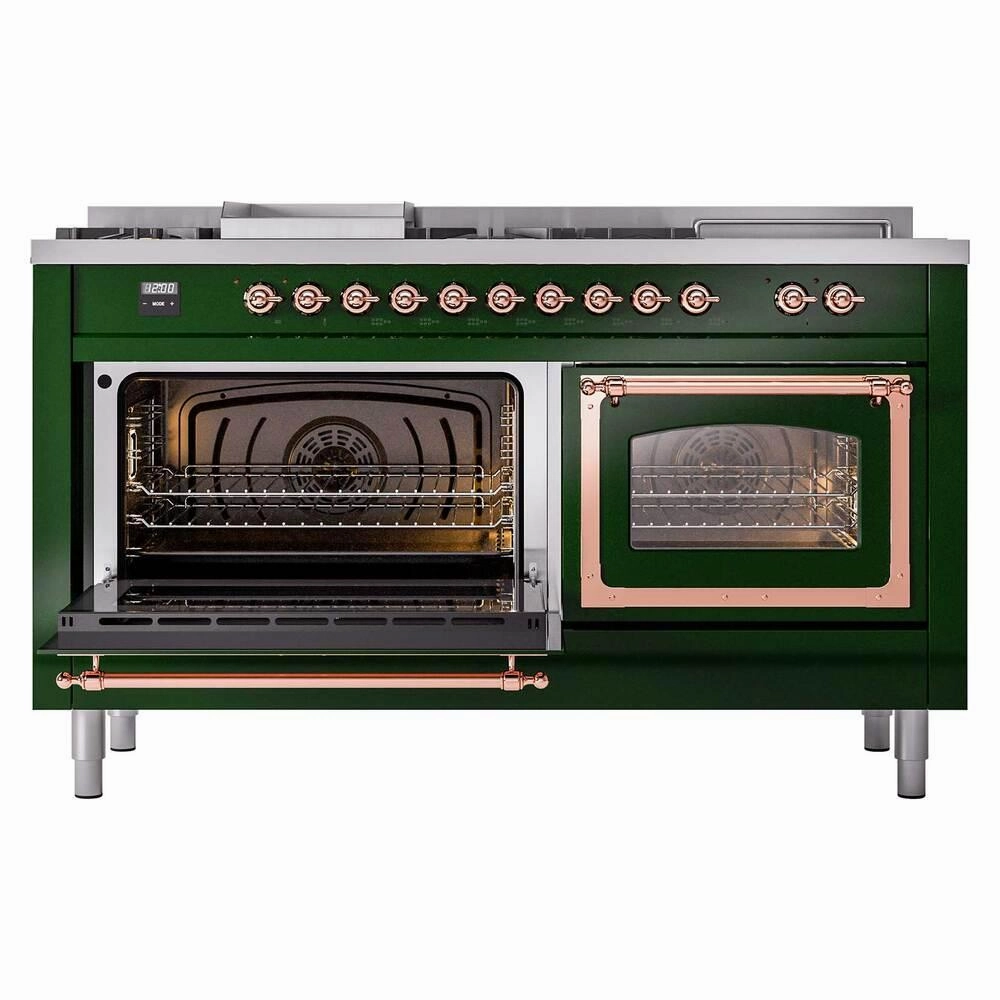 Ilve UN60FSNMPEGPLP Ilve Un60Fsnmpegplp Nostalgie Ii Noblesse 60" Dual Fuel Range (7 Sealed Burners   Griddle   French Top, Liquid Propane, Triple Glass Door, Emerald Green, Copper)