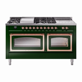 Ilve UN60FSNMPEGPLP Ilve Un60Fsnmpegplp Nostalgie Ii Noblesse 60" Dual Fuel Range (7 Sealed Burners   Griddle   French Top, Liquid Propane, Triple Glass Door, Emerald Green, Copper)