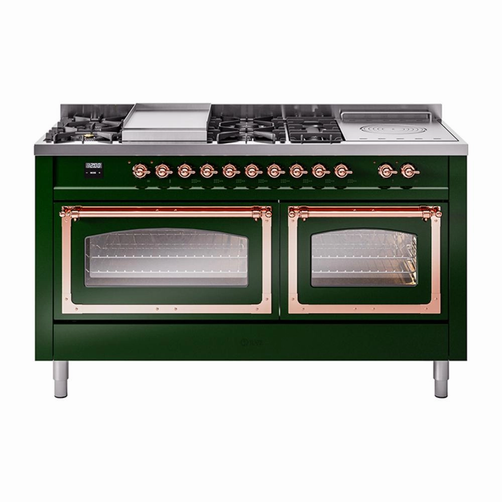 Ilve UN60FSNMPEGPLP Ilve Un60Fsnmpegplp Nostalgie Ii Noblesse 60" Dual Fuel Range (7 Sealed Burners   Griddle   French Top, Liquid Propane, Triple Glass Door, Emerald Green, Copper)