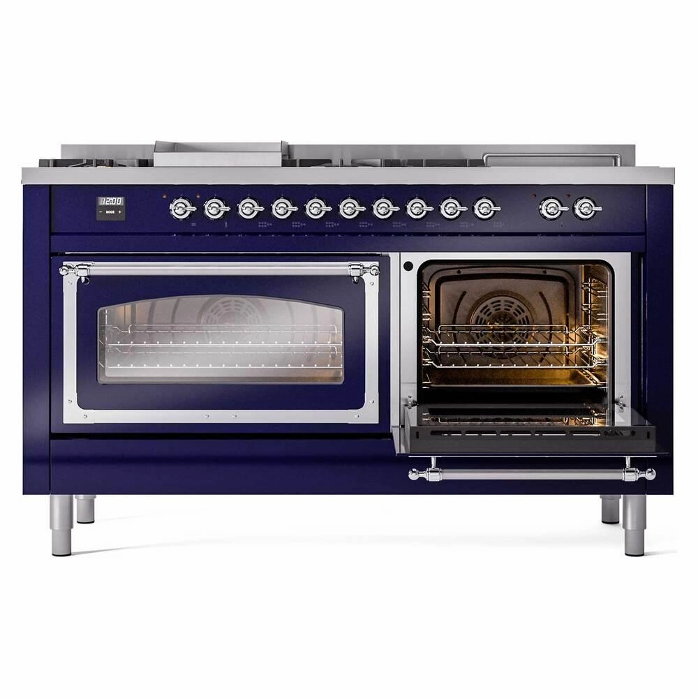 Ilve UN60FSNMPMBCLP Ilve Un60Fsnmpmbclp Nostalgie Ii Noblesse 60" Dual Fuel Range (7 Sealed Burners   Griddle   French Top, Liquid Propane, Triple Glass Door, Midnight Blue, Chrome)