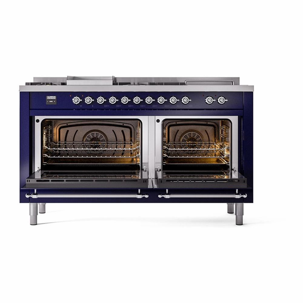 Ilve UN60FSNMPMBCLP Ilve Un60Fsnmpmbclp Nostalgie Ii Noblesse 60" Dual Fuel Range (7 Sealed Burners   Griddle   French Top, Liquid Propane, Triple Glass Door, Midnight Blue, Chrome)