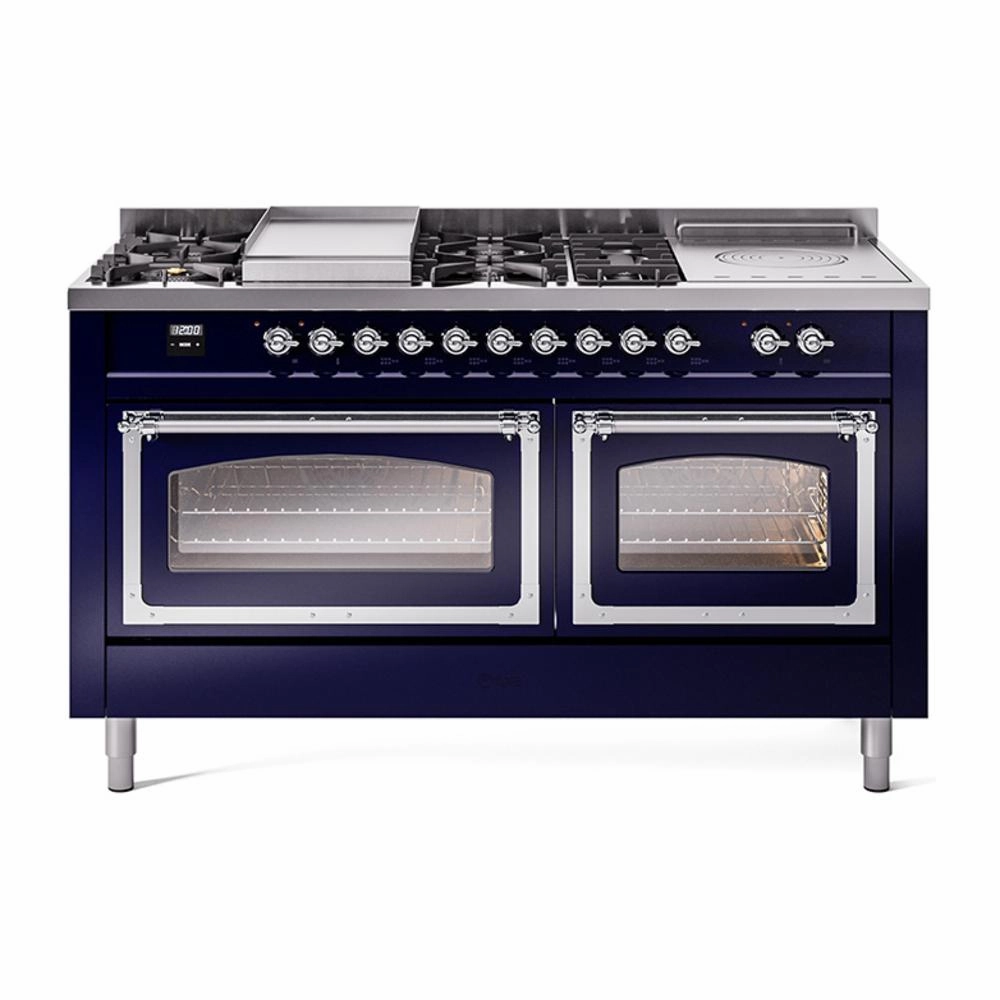 Ilve UN60FSNMPMBCLP Ilve Un60Fsnmpmbclp Nostalgie Ii Noblesse 60" Dual Fuel Range (7 Sealed Burners   Griddle   French Top, Liquid Propane, Triple Glass Door, Midnight Blue, Chrome)