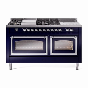 Ilve UN60FSNMPMBCLP Ilve Un60Fsnmpmbclp Nostalgie Ii Noblesse 60" Dual Fuel Range (7 Sealed Burners   Griddle   French Top, Liquid Propane, Triple Glass Door, Midnight Blue, Chrome)