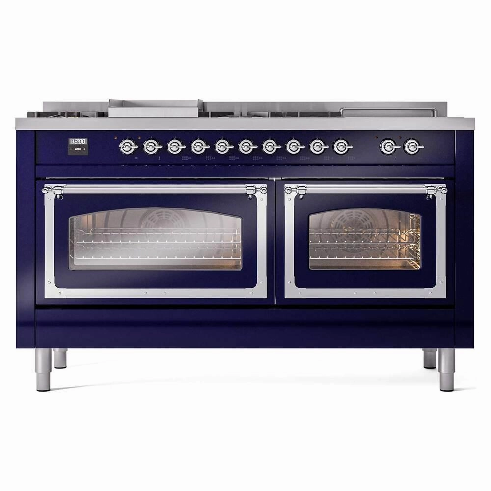 Ilve UN60FSNMPMBCLP Ilve Un60Fsnmpmbclp Nostalgie Ii Noblesse 60" Dual Fuel Range (7 Sealed Burners   Griddle   French Top, Liquid Propane, Triple Glass Door, Midnight Blue, Chrome)