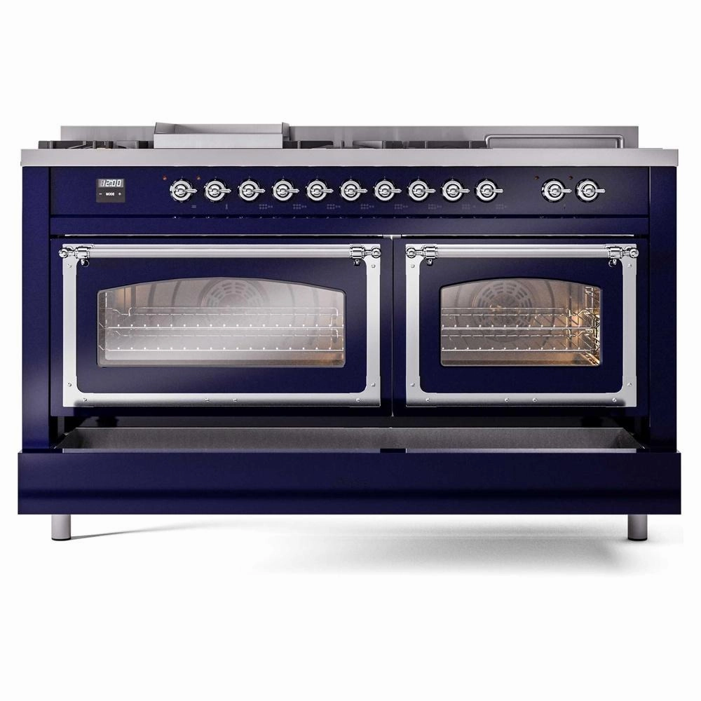 Ilve UN60FSNMPMBCLP Ilve Un60Fsnmpmbclp Nostalgie Ii Noblesse 60" Dual Fuel Range (7 Sealed Burners   Griddle   French Top, Liquid Propane, Triple Glass Door, Midnight Blue, Chrome)