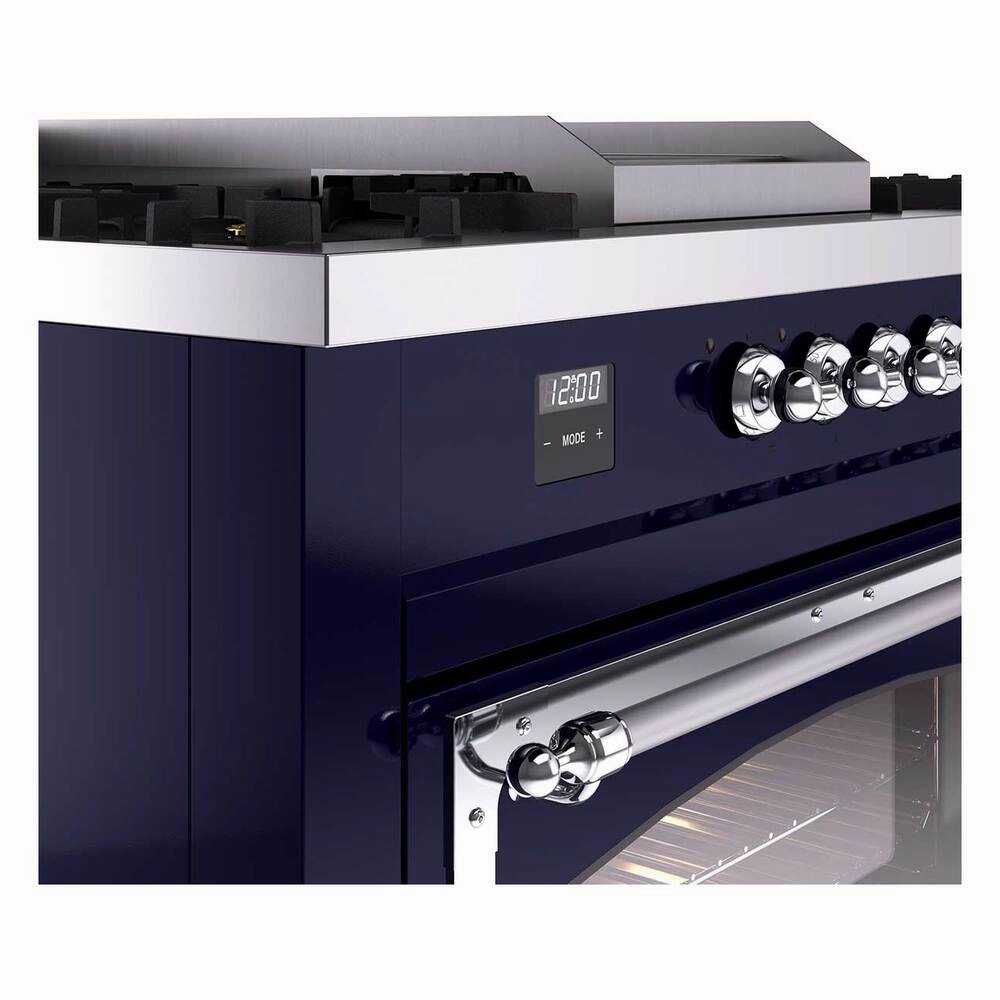 Ilve UN60FSNMPMBCLP Ilve Un60Fsnmpmbclp Nostalgie Ii Noblesse 60" Dual Fuel Range (7 Sealed Burners   Griddle   French Top, Liquid Propane, Triple Glass Door, Midnight Blue, Chrome)
