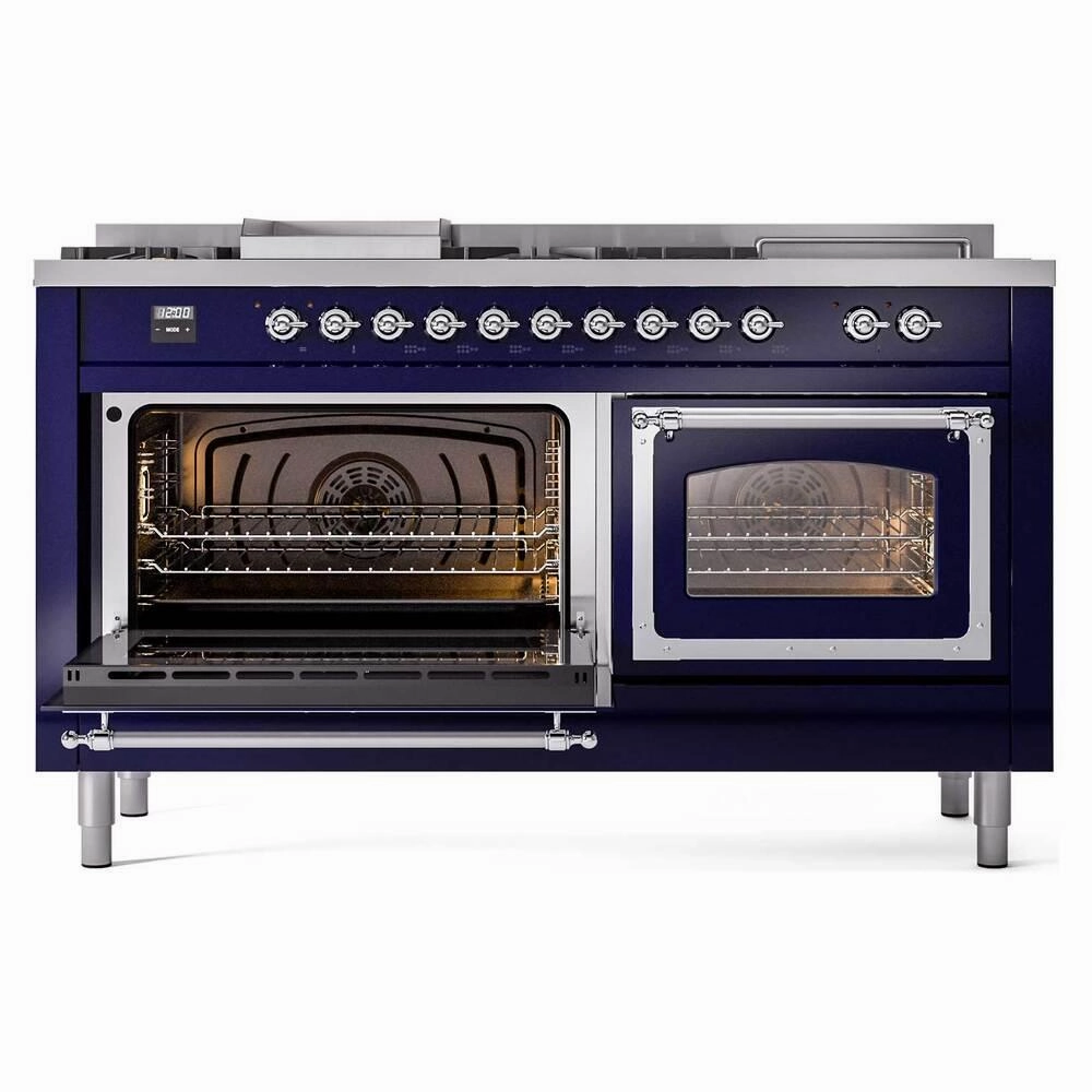 Ilve UN60FSNMPMBCLP Ilve Un60Fsnmpmbclp Nostalgie Ii Noblesse 60" Dual Fuel Range (7 Sealed Burners   Griddle   French Top, Liquid Propane, Triple Glass Door, Midnight Blue, Chrome)
