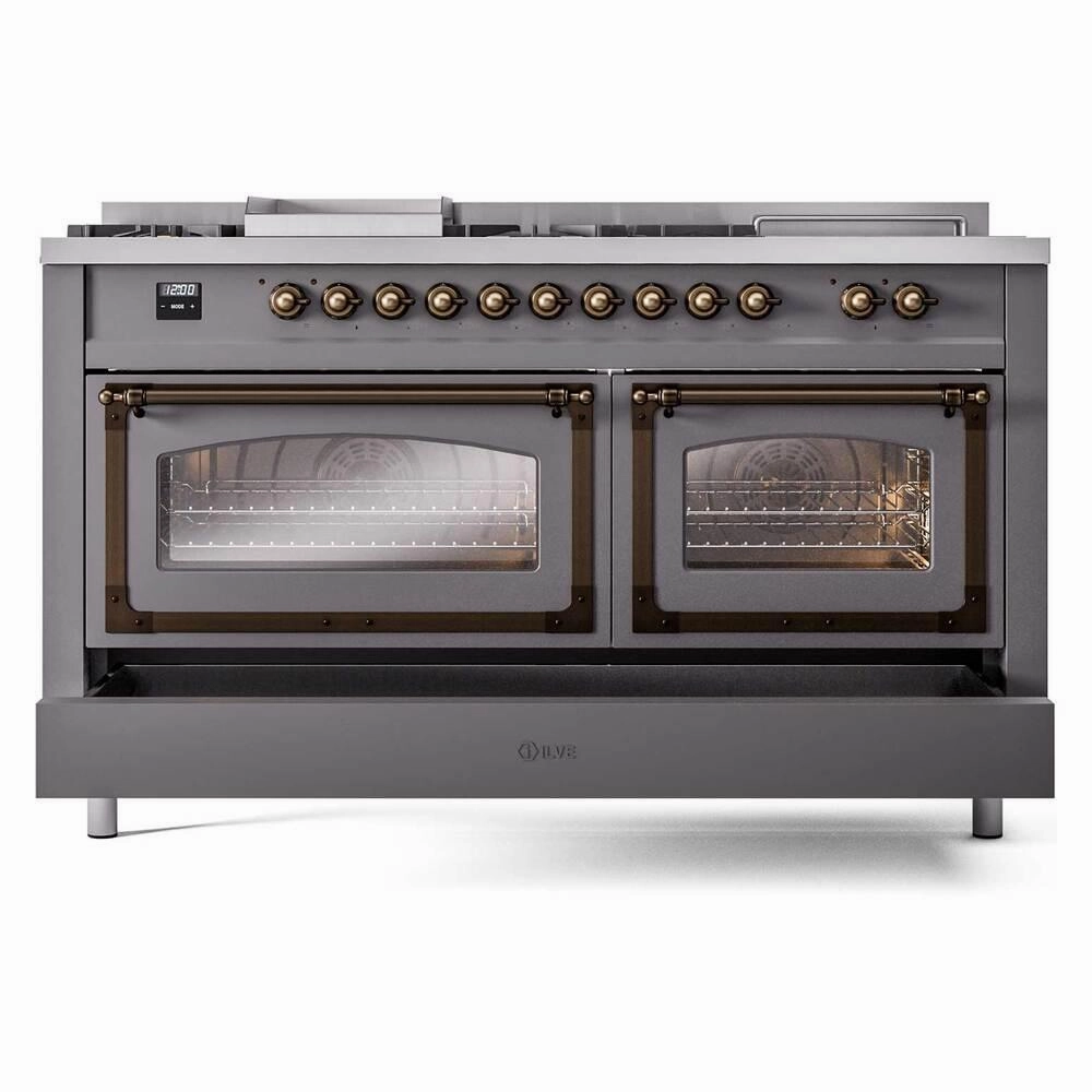 Ilve UN60FSNMPMGB Ilve Un60Fsnmpmgb Nostalgie Ii Noblesse 60" Dual Fuel Range (7 Sealed Burners   Griddle   French Top, Natural Gas, Triple Glass Door, Graphite Matte, Burnished)