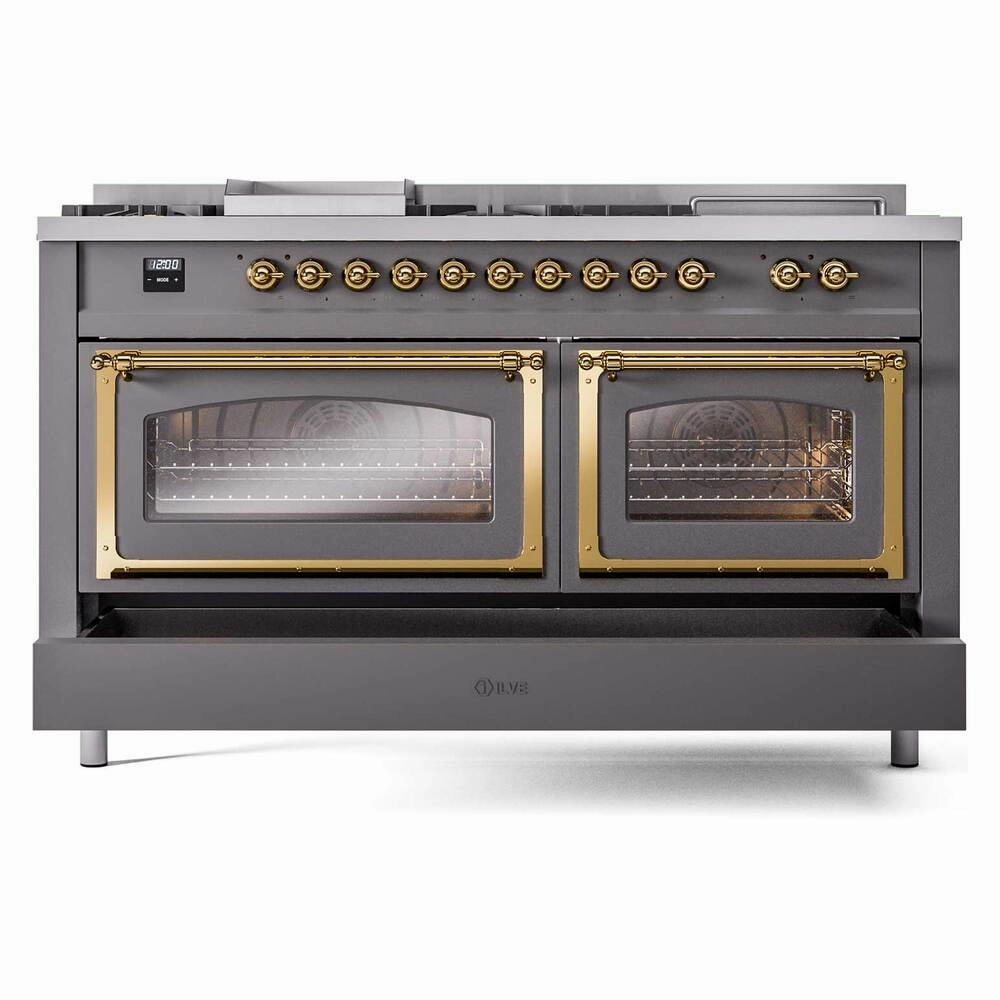 Ilve UN60FSNMPMGGLP Ilve Un60Fsnmpmgglp Nostalgie Ii Noblesse 60" Dual Fuel Range (7 Sealed Burners   Griddle   French Top, Liquid Propane, Triple Glass Door, Graphite Matte, Brass)