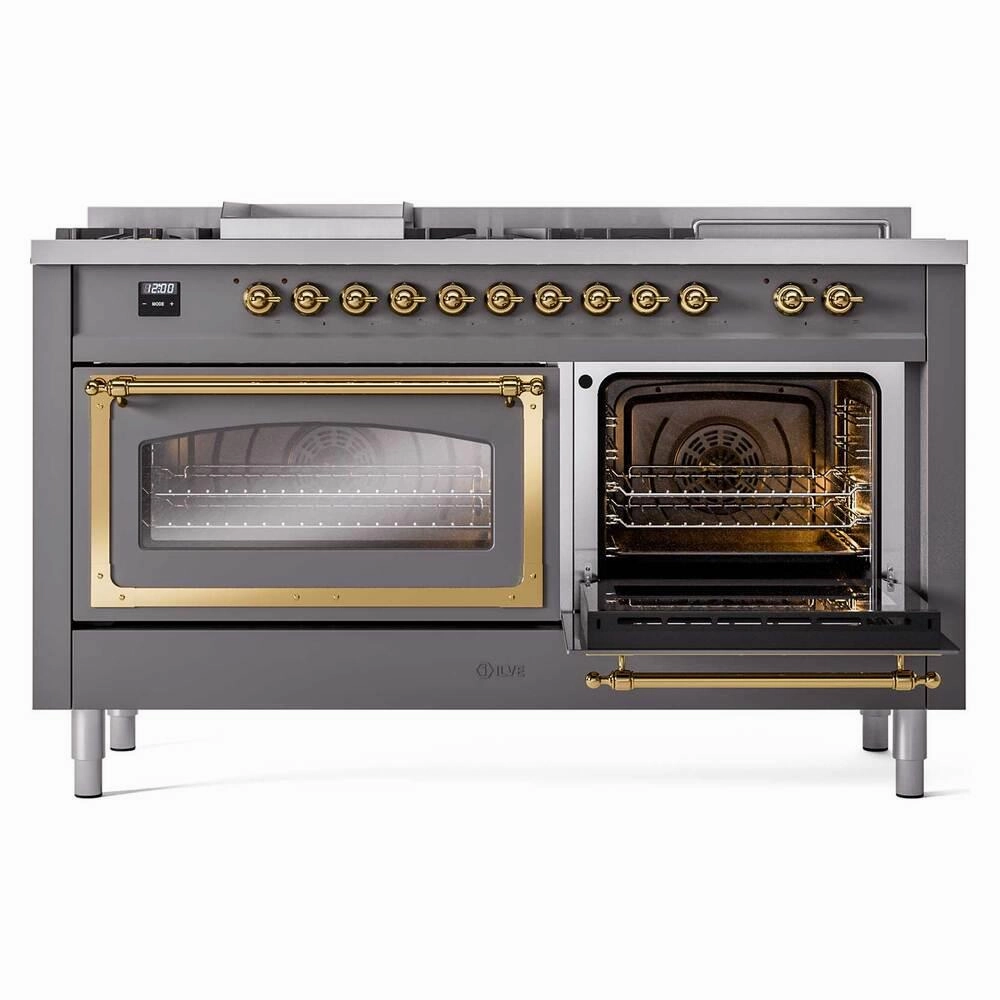 Ilve UN60FSNMPMGGLP Ilve Un60Fsnmpmgglp Nostalgie Ii Noblesse 60" Dual Fuel Range (7 Sealed Burners   Griddle   French Top, Liquid Propane, Triple Glass Door, Graphite Matte, Brass)