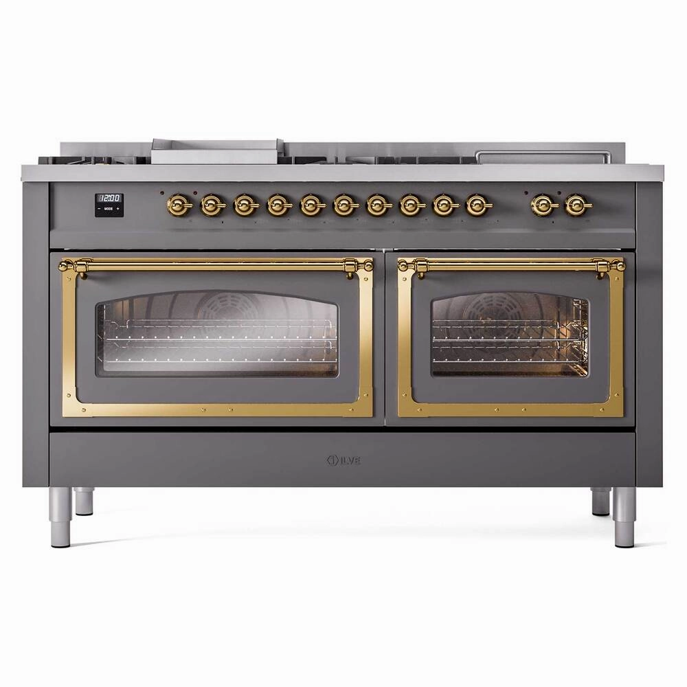 Ilve UN60FSNMPMGGLP Ilve Un60Fsnmpmgglp Nostalgie Ii Noblesse 60" Dual Fuel Range (7 Sealed Burners   Griddle   French Top, Liquid Propane, Triple Glass Door, Graphite Matte, Brass)
