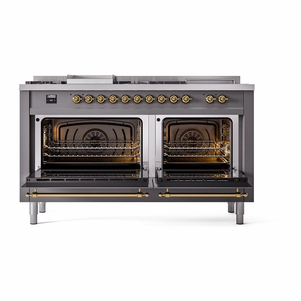 Ilve UN60FSNMPMGGLP Ilve Un60Fsnmpmgglp Nostalgie Ii Noblesse 60" Dual Fuel Range (7 Sealed Burners   Griddle   French Top, Liquid Propane, Triple Glass Door, Graphite Matte, Brass)