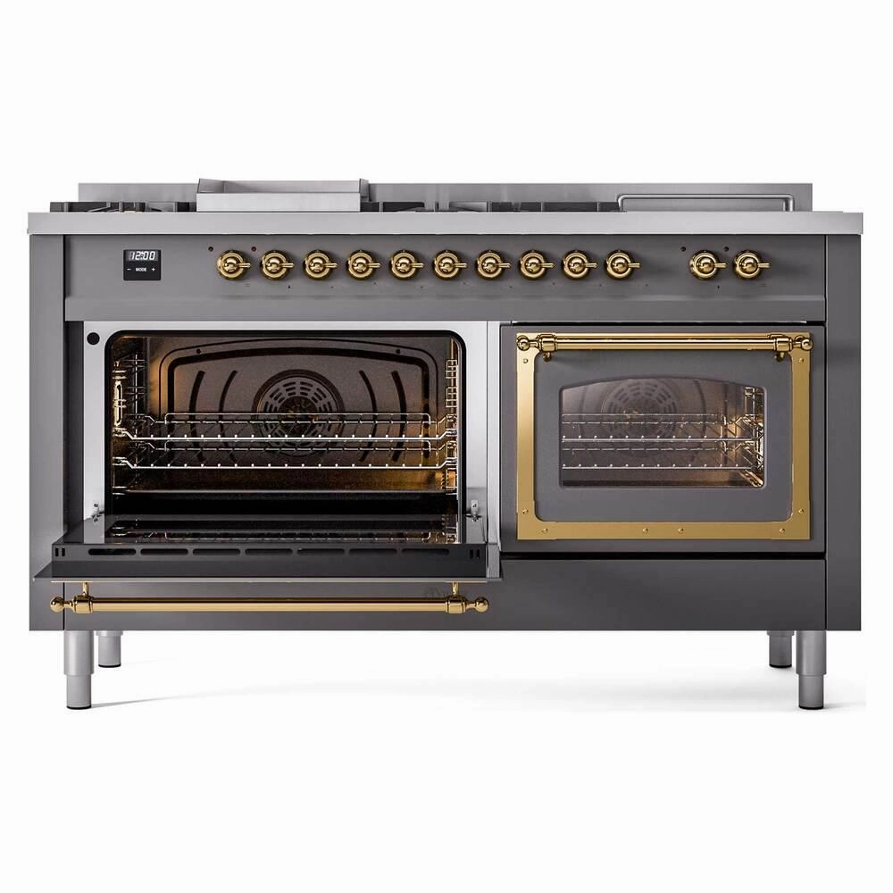 Ilve UN60FSNMPMGGLP Ilve Un60Fsnmpmgglp Nostalgie Ii Noblesse 60" Dual Fuel Range (7 Sealed Burners   Griddle   French Top, Liquid Propane, Triple Glass Door, Graphite Matte, Brass)