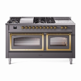 Ilve UN60FSNMPMGGLP Ilve Un60Fsnmpmgglp Nostalgie Ii Noblesse 60" Dual Fuel Range (7 Sealed Burners   Griddle   French Top, Liquid Propane, Triple Glass Door, Graphite Matte, Brass)
