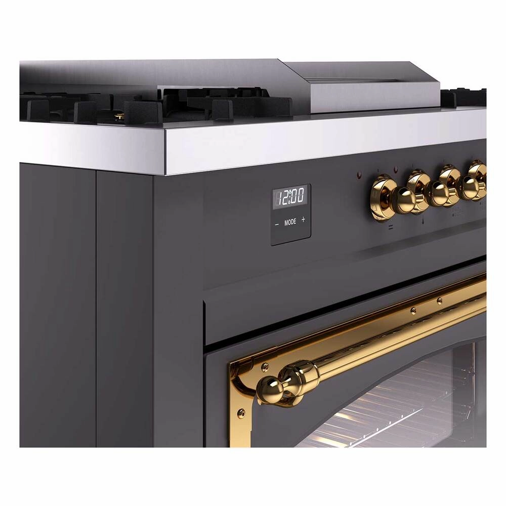 Ilve UN60FSNMPMGGLP Ilve Un60Fsnmpmgglp Nostalgie Ii Noblesse 60" Dual Fuel Range (7 Sealed Burners   Griddle   French Top, Liquid Propane, Triple Glass Door, Graphite Matte, Brass)